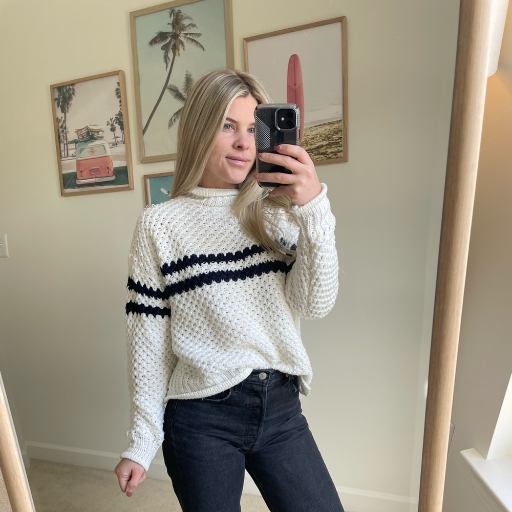 Cream / white crew, mock neck knit sweater 2 horizontal Navy blue stripe accent